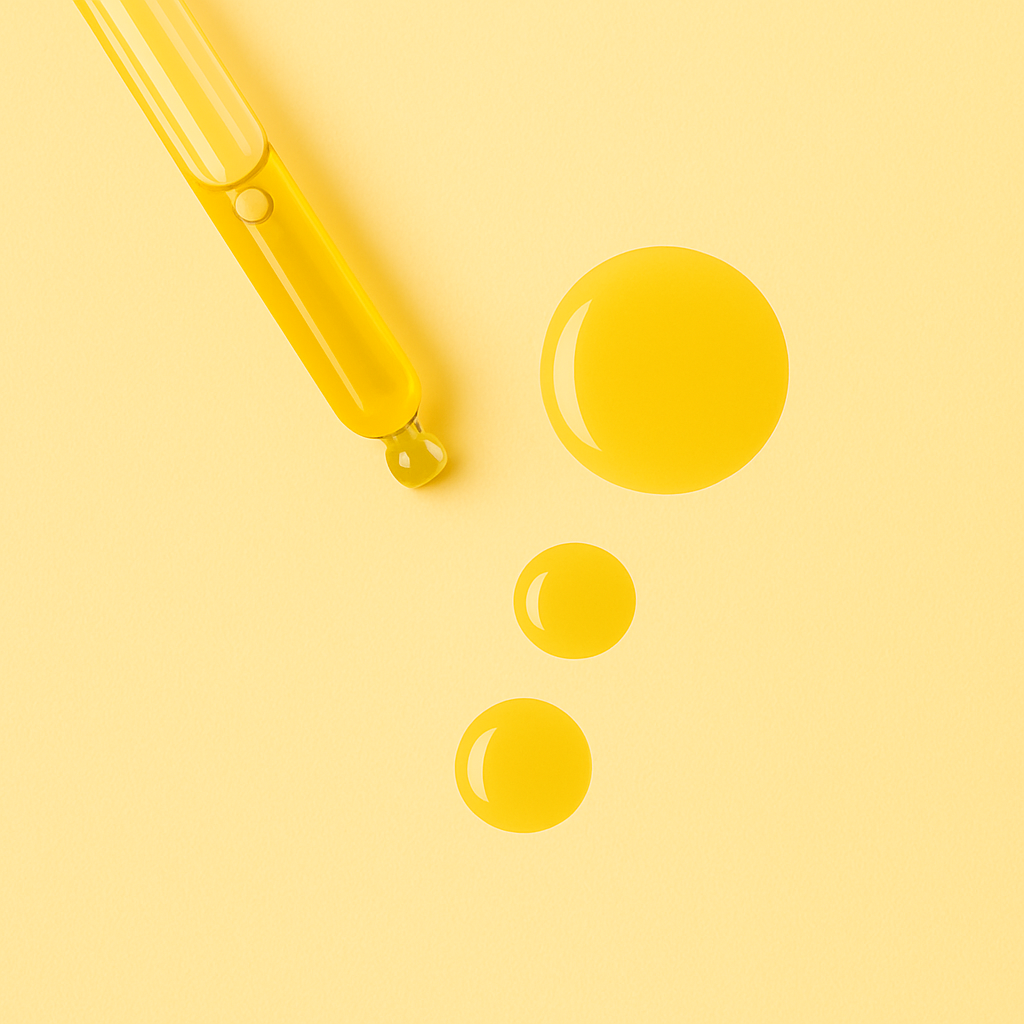 Yellow skincare serum drops with glass dropper on bright background, representing Gentle Roots skinminimalism routine using natural face oils.