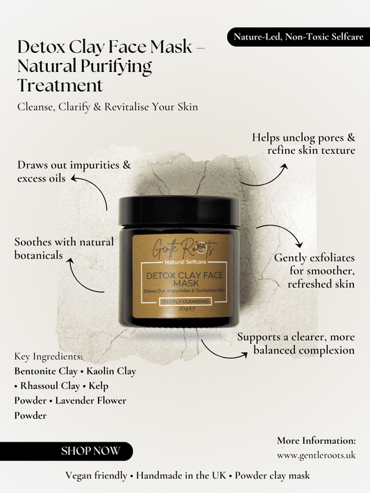 Gentle Roots Detox Clay Face Mask ingredients and benefits infographic – natural detoxifying skincare.