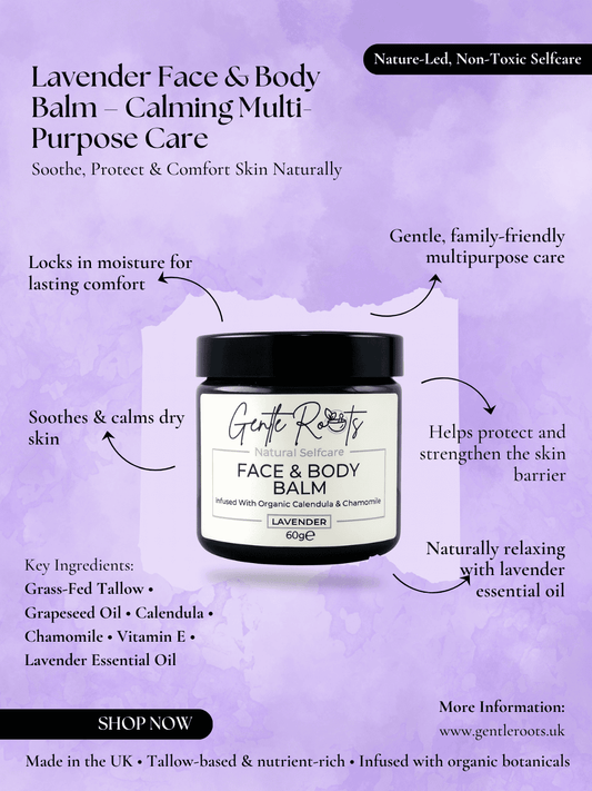 Gentle roots face and body lavender tallow balm product features image for dry, sensitive skin