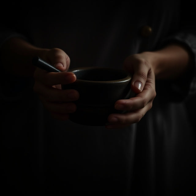 Founders hands holding a wooden pestle and mortar, symbolising Gentle Roots’ handmade natural skincare crafted with care and tradition.