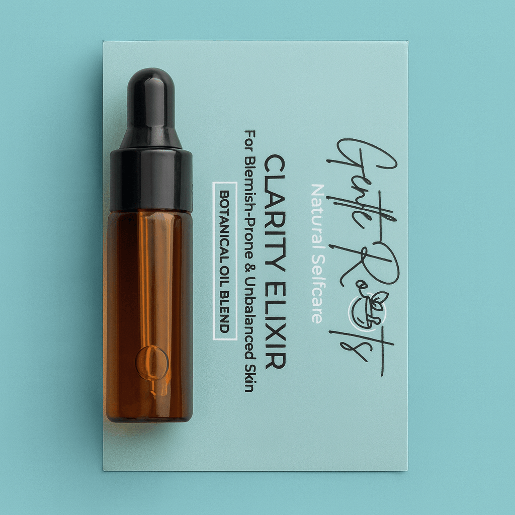 Gentle Roots Mini Clarity Elixir – face oil for acne-prone and unbalanced skin in amber glass bottle.