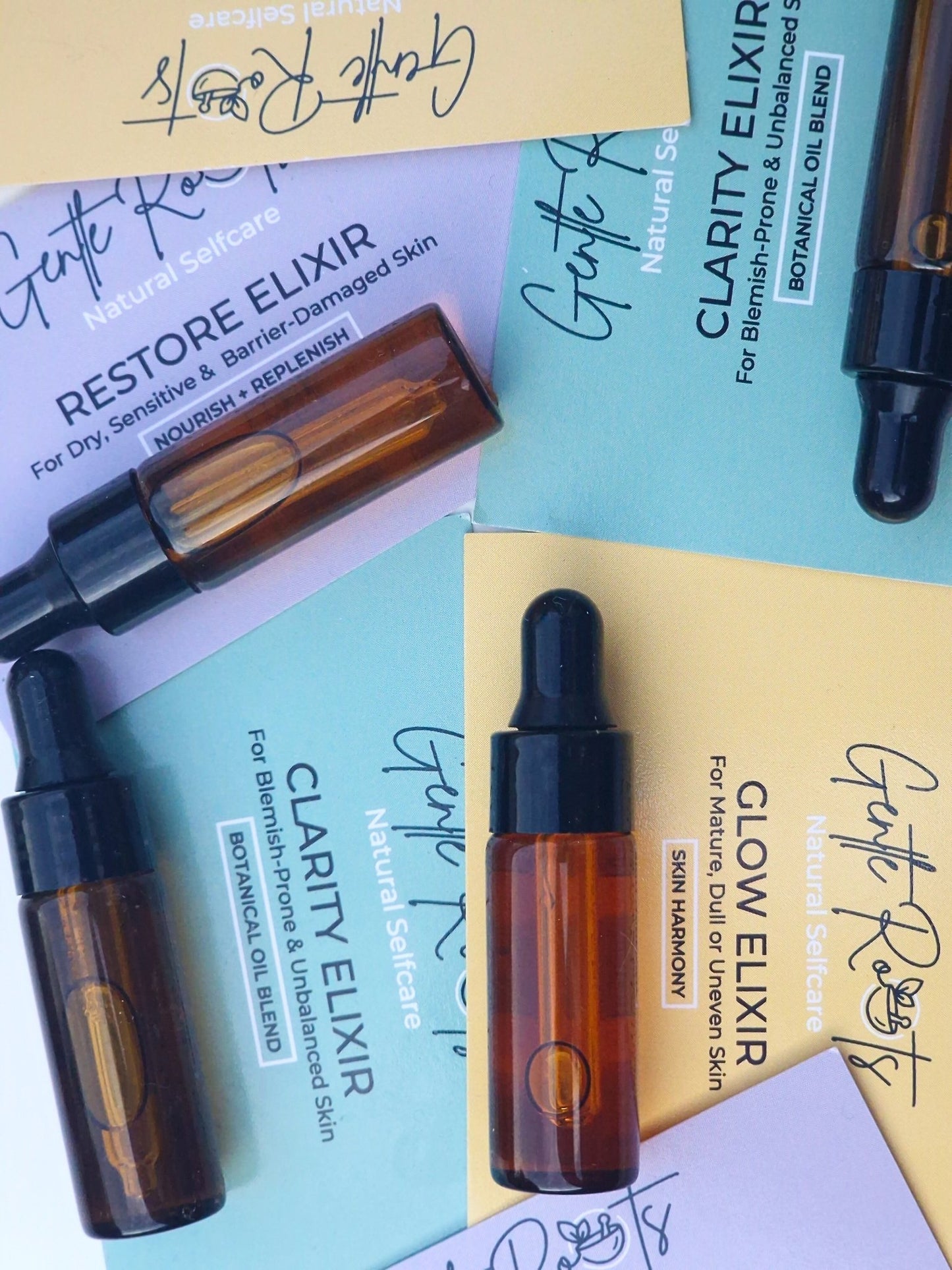 Gentle Roots Mini Face Oil Elixirs – Clarity, Restore and Glow – travel-sized natural face oils for all skin types.