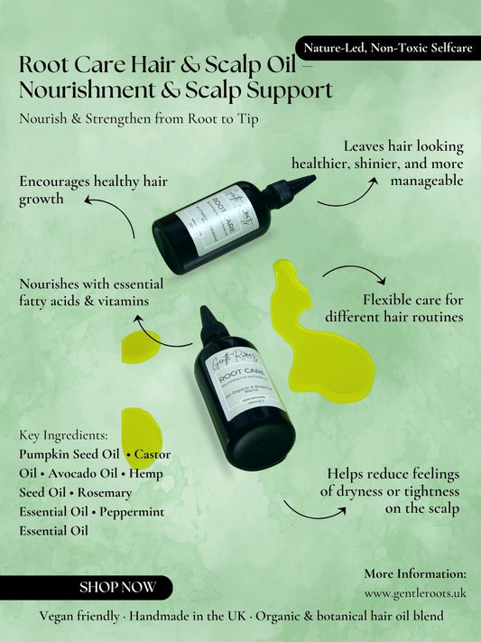 Gentle Roots Root Care Hair & Scalp Oil infographic showing benefits and ingredients – promotes healthy growth and nourished scalp.