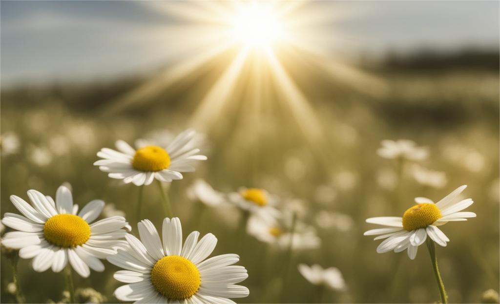 Sunrise over a field of daisies with the sun shining through.
