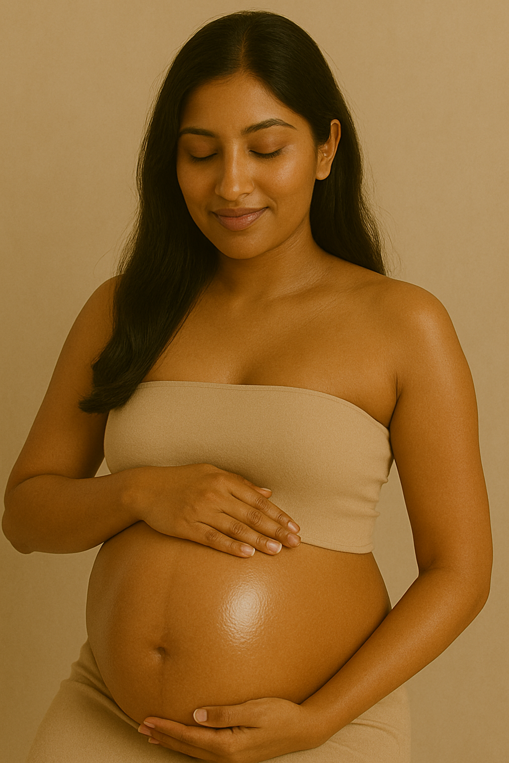 Pregnant woman cradling belly with Gentle Roots Baby Friendly Face and Body Balm, gentle tallow balm for sensitive skin.