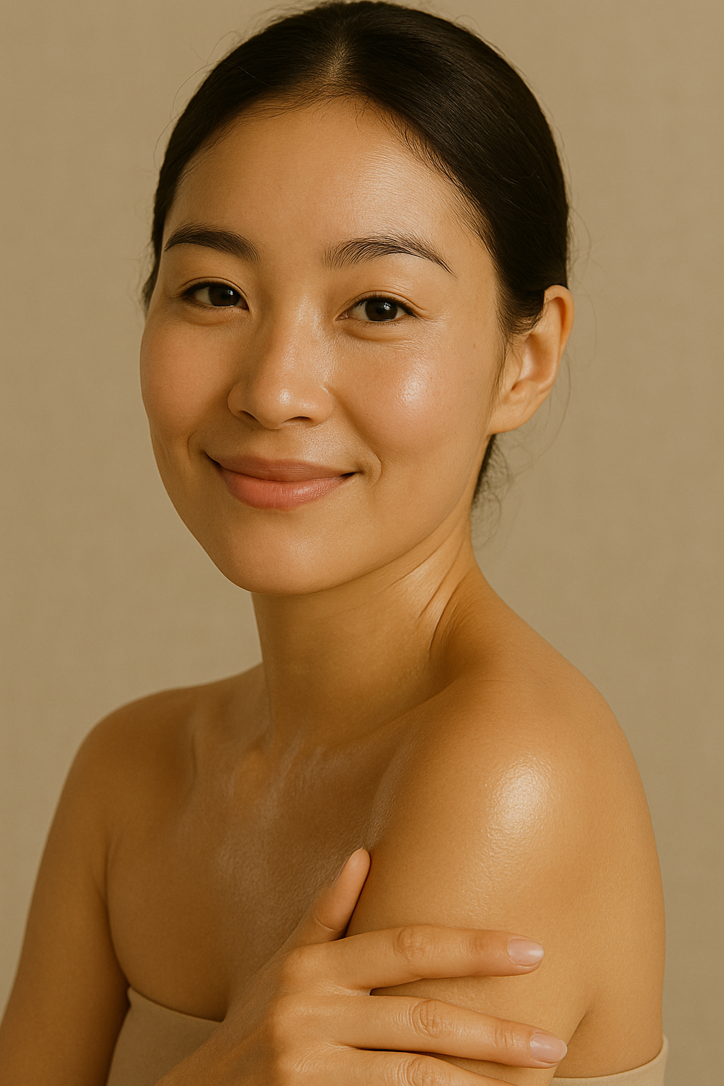 Woman smiling with Gentle Roots Baby Friendly Face and Body Balm applied on skin, gentle moisturising care.
