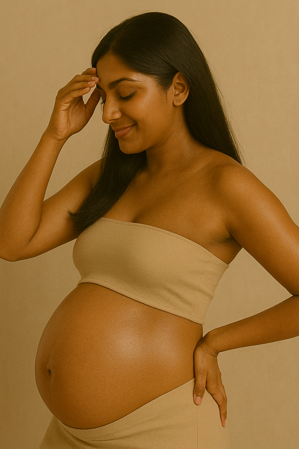 Pregnant woman holding Gentle Roots Baby Friendly Face and Body Balm, safe natural skincare for mums-to-be.