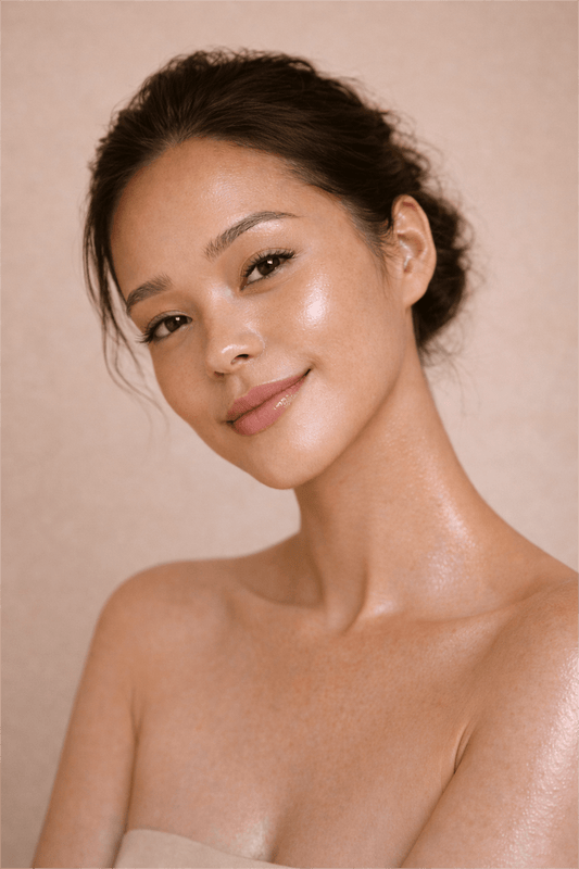 A woman with naturally nourished, healthy-looking skin in a gentle skincare photoshoot for Gentle Roots Baby Friendly Face & Body Balm.