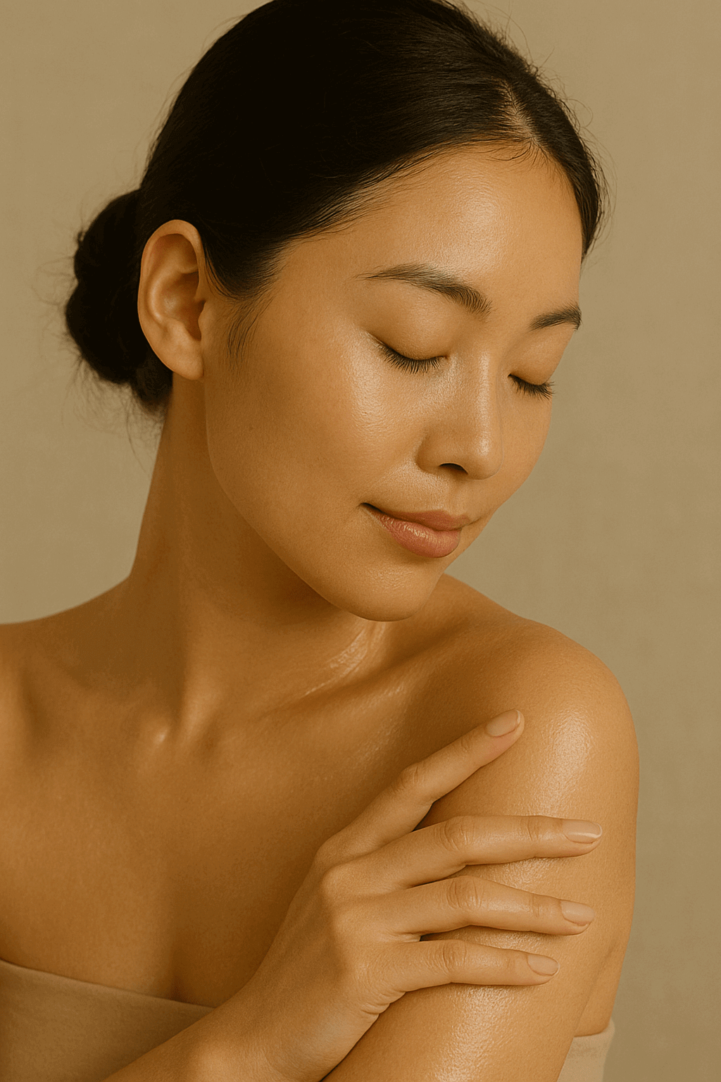 Model smiling with radiant skin after applying Gentle Roots Baby Friendly Tallow Balm – gentle family skincare.