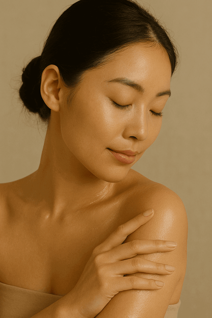 Model smiling with radiant skin after applying Gentle Roots Baby Friendly Tallow Balm – gentle family skincare.