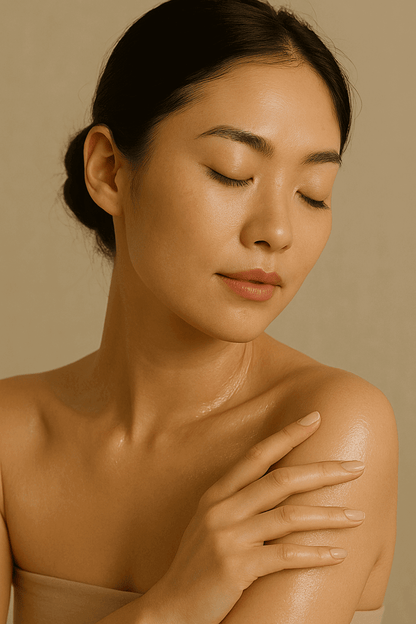 Model with glowing skin after using Gentle Roots Baby Friendly Face and Body Balm – natural nourishment for delicate skin.