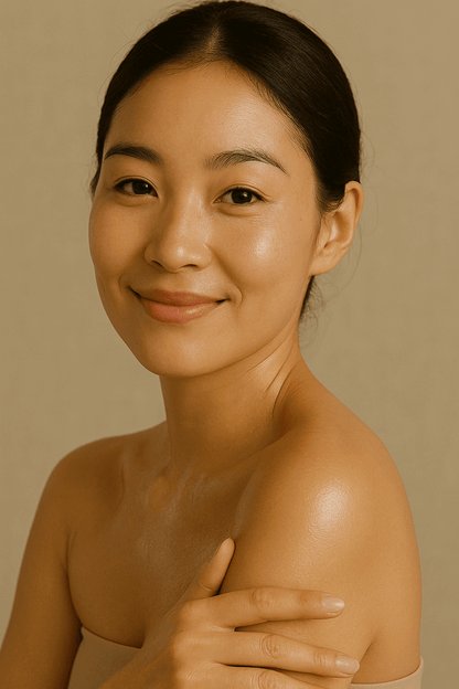 Model smiling with radiant skin after applying Gentle Roots Baby Friendly Face and Body Balm – gentle family skincare.