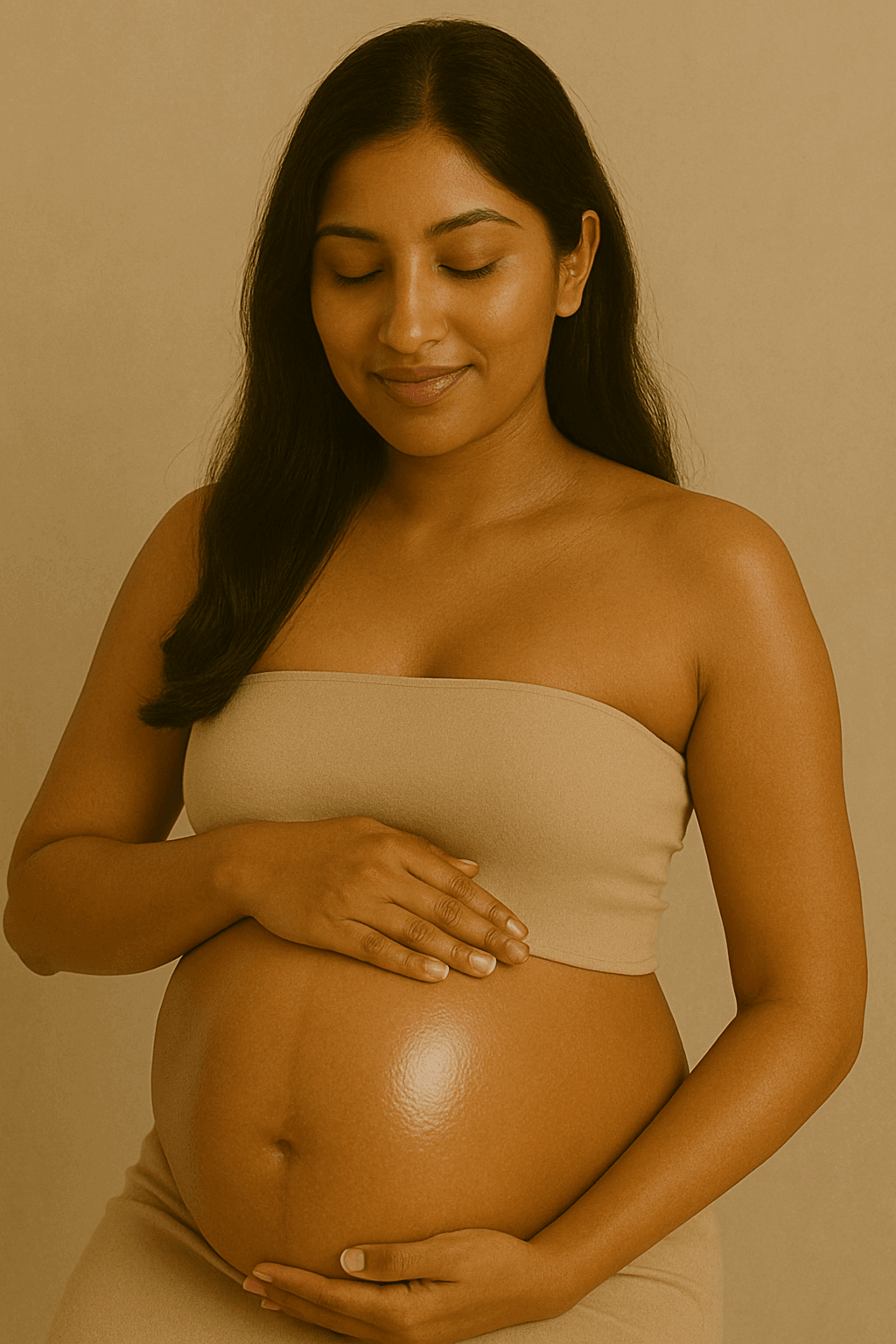 Pregnant woman holding belly using Gentle Roots Baby Friendly Face and Body Balm – non-toxic skincare for pregnancy.