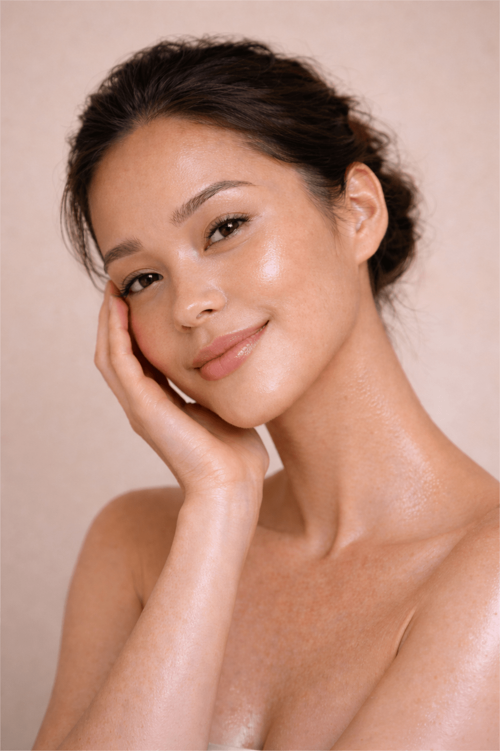 Close-up portrait of an Asian woman with calm, hydrated skin using Gentle Roots Baby Friendly Face & Body Balm.