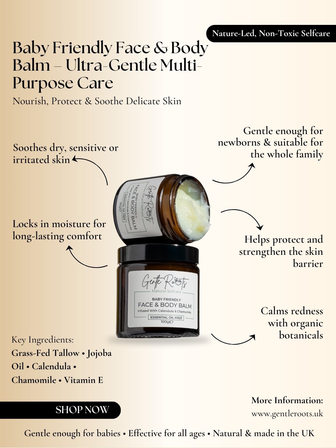 Gentle Roots baby-friendly face and body balm with product details and benefits for sensitive skin, calming, soothing and nourishing care.