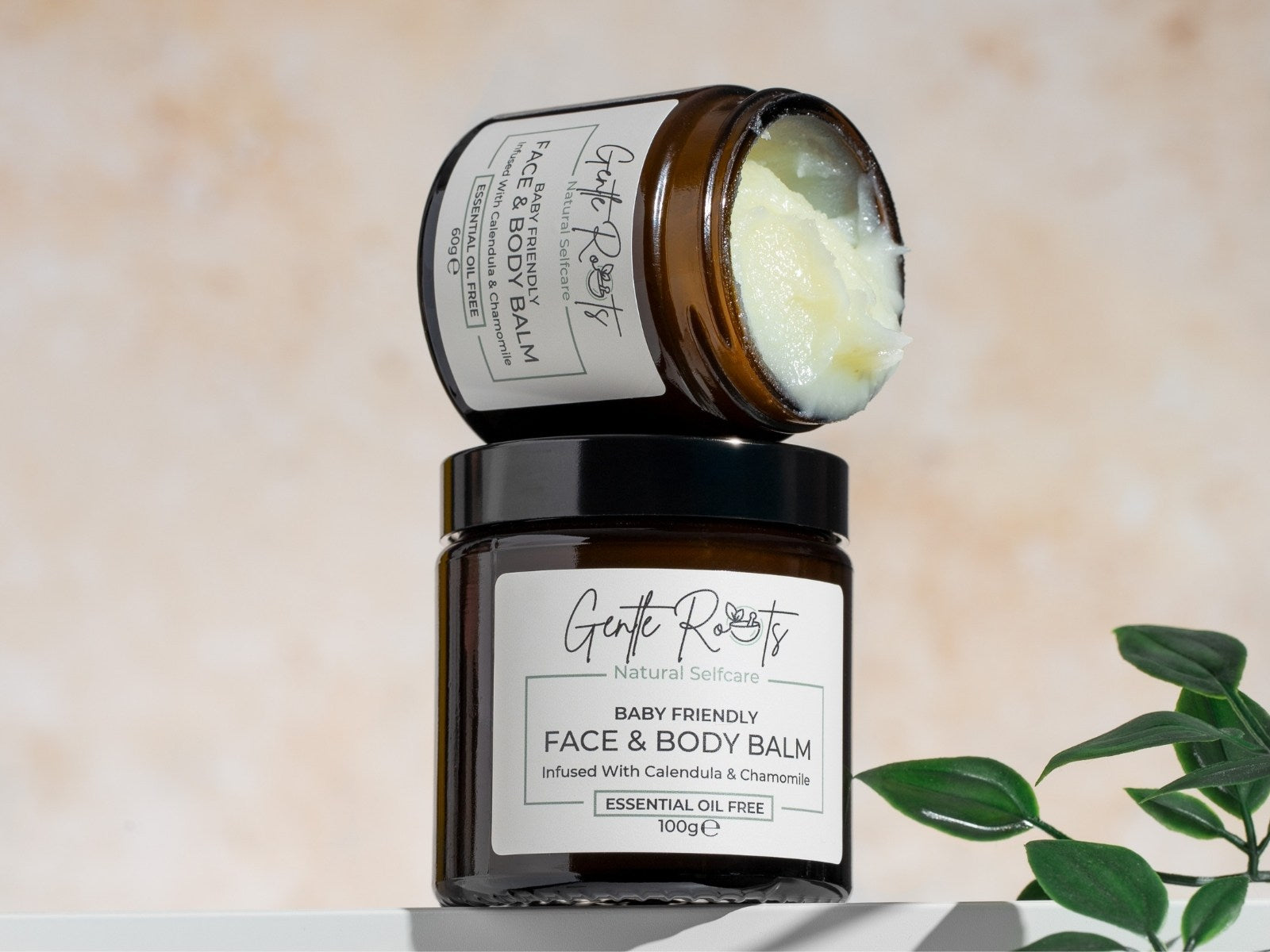 Gentle Roots Baby Friendly Face and Body Balm in amber glass jars – natural tallow balm for dry, sensitive and eczema-prone skin.