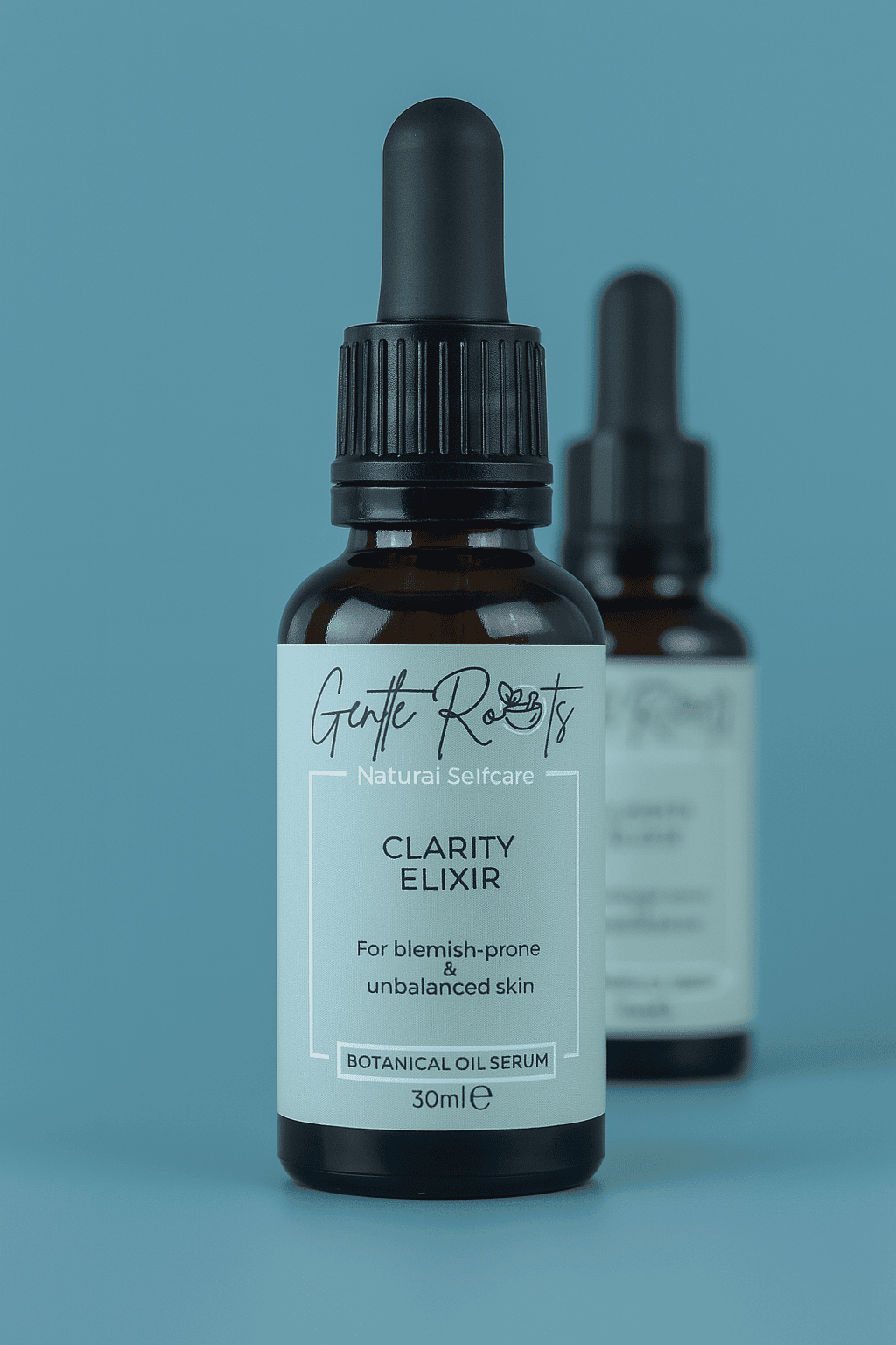Gentle Roots Clarity Elixir collection displayed on teal background – vegan skincare for acne-prone skin.