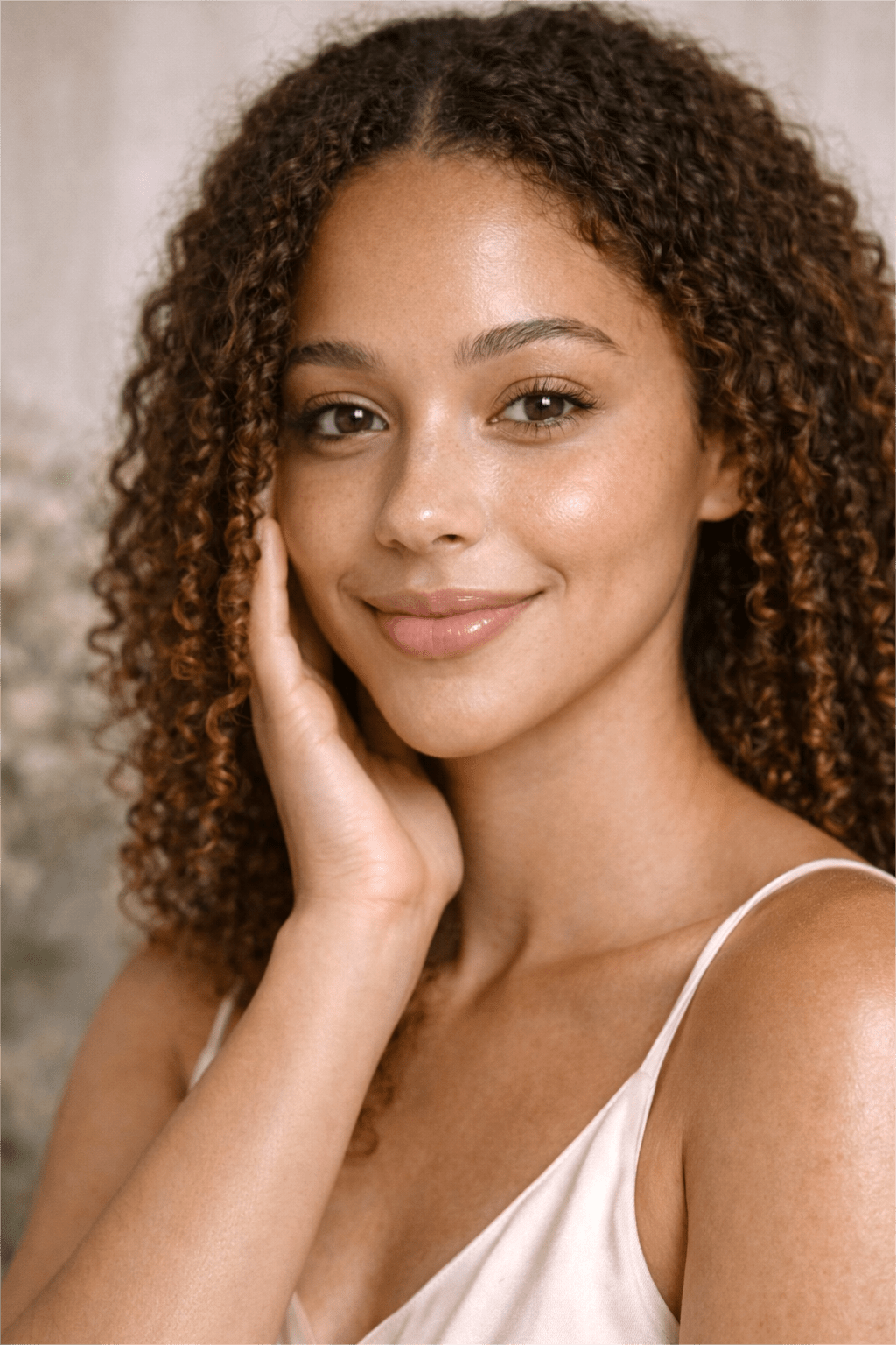 Close-up of a woman with natural curly hair and radiant, healthy skin after using Gentle Roots Clarity Elixir face oil.