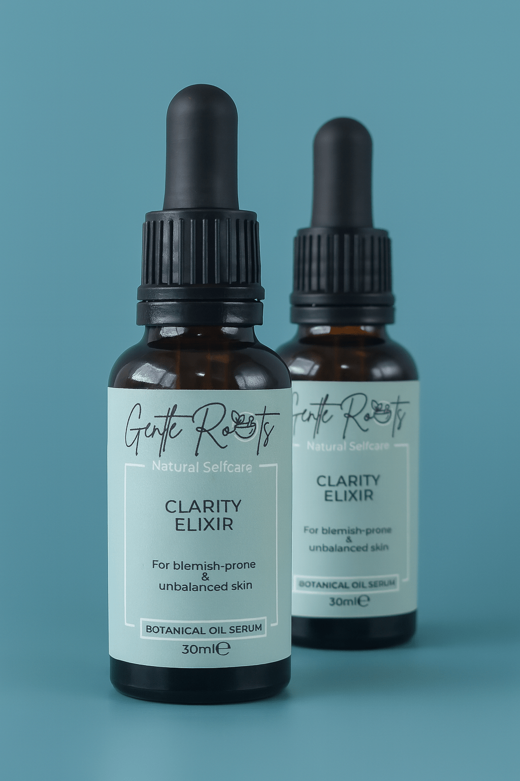 Gentle Roots Clarity Elixir collection displayed on teal background – vegan skincare for acne-prone skin.