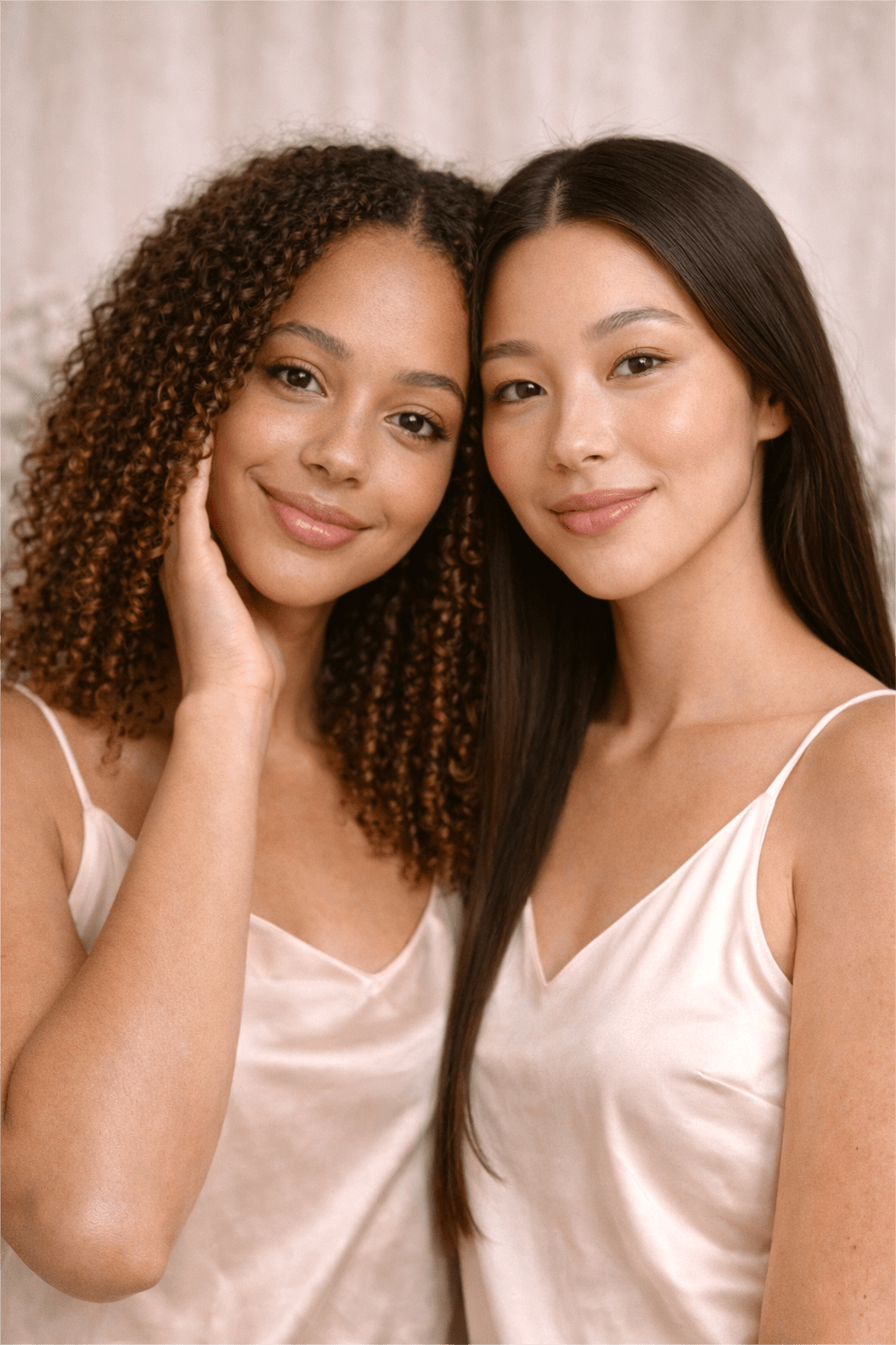 Two women with clear, glowing skin posing together against a soft neutral background, representing Gentle Roots Clarity Elixir facial oil for balanced, blemish-prone skin.