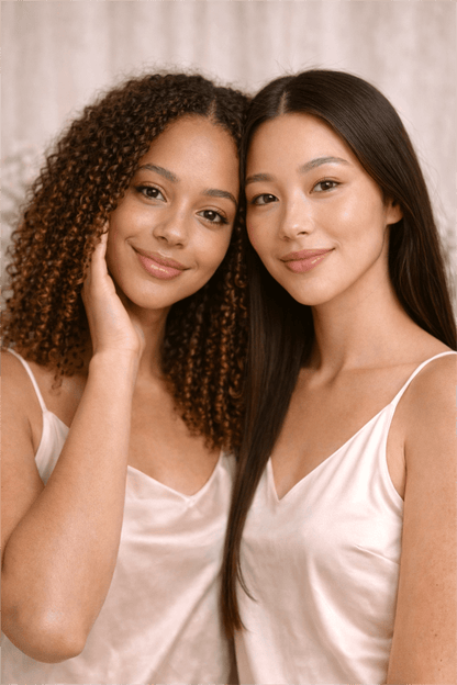 Two women with clear, glowing skin posing together against a soft neutral background, representing Gentle Roots Clarity Elixir facial oil for balanced, blemish-prone skin.