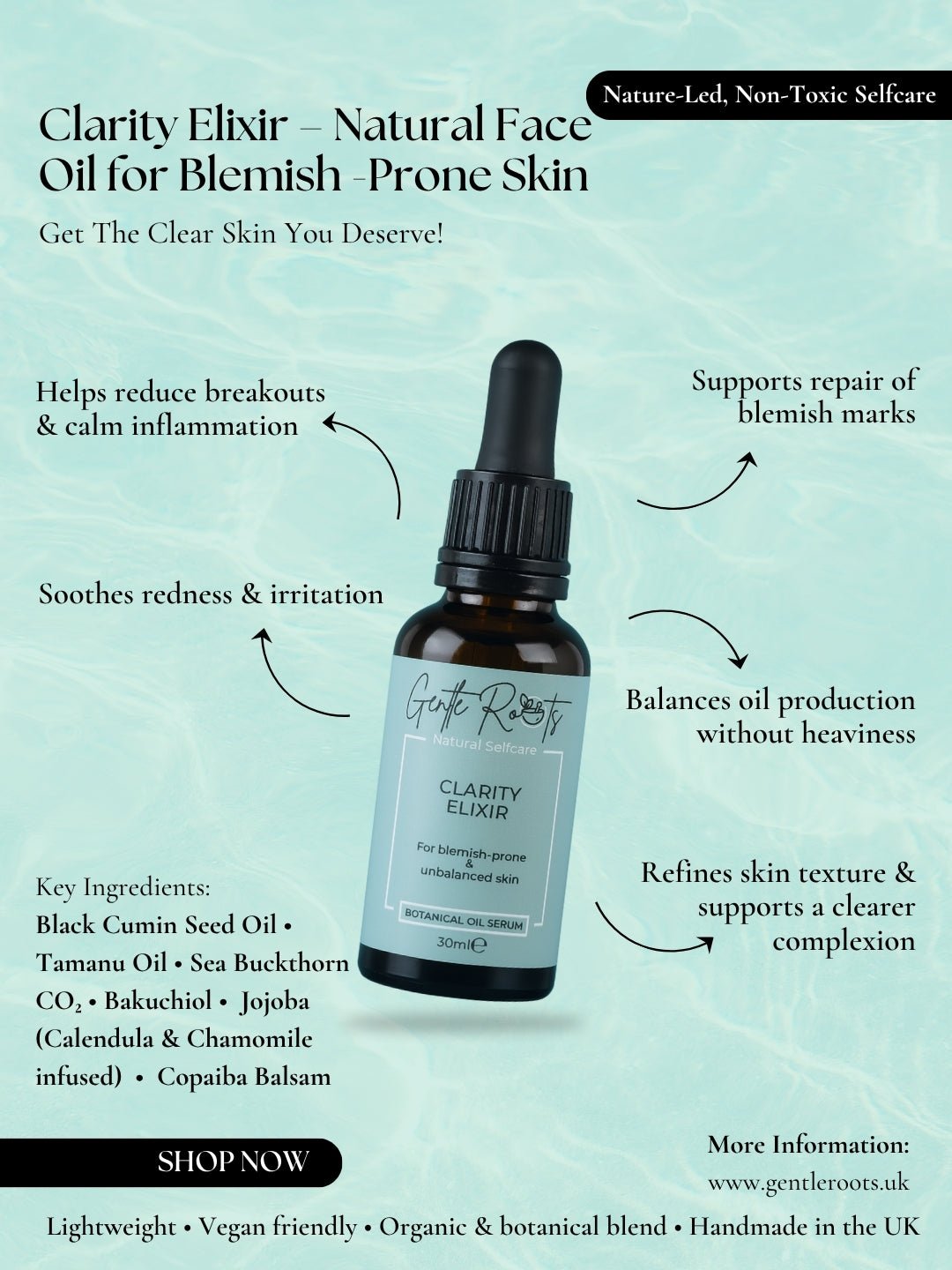 Gentle Roots Clarity Elixir – natural balancing face oil for acne to reduce breakouts and scarring.