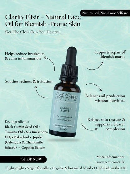Gentle Roots Clarity Elixir – natural balancing face oil for acne to reduce breakouts and scarring.