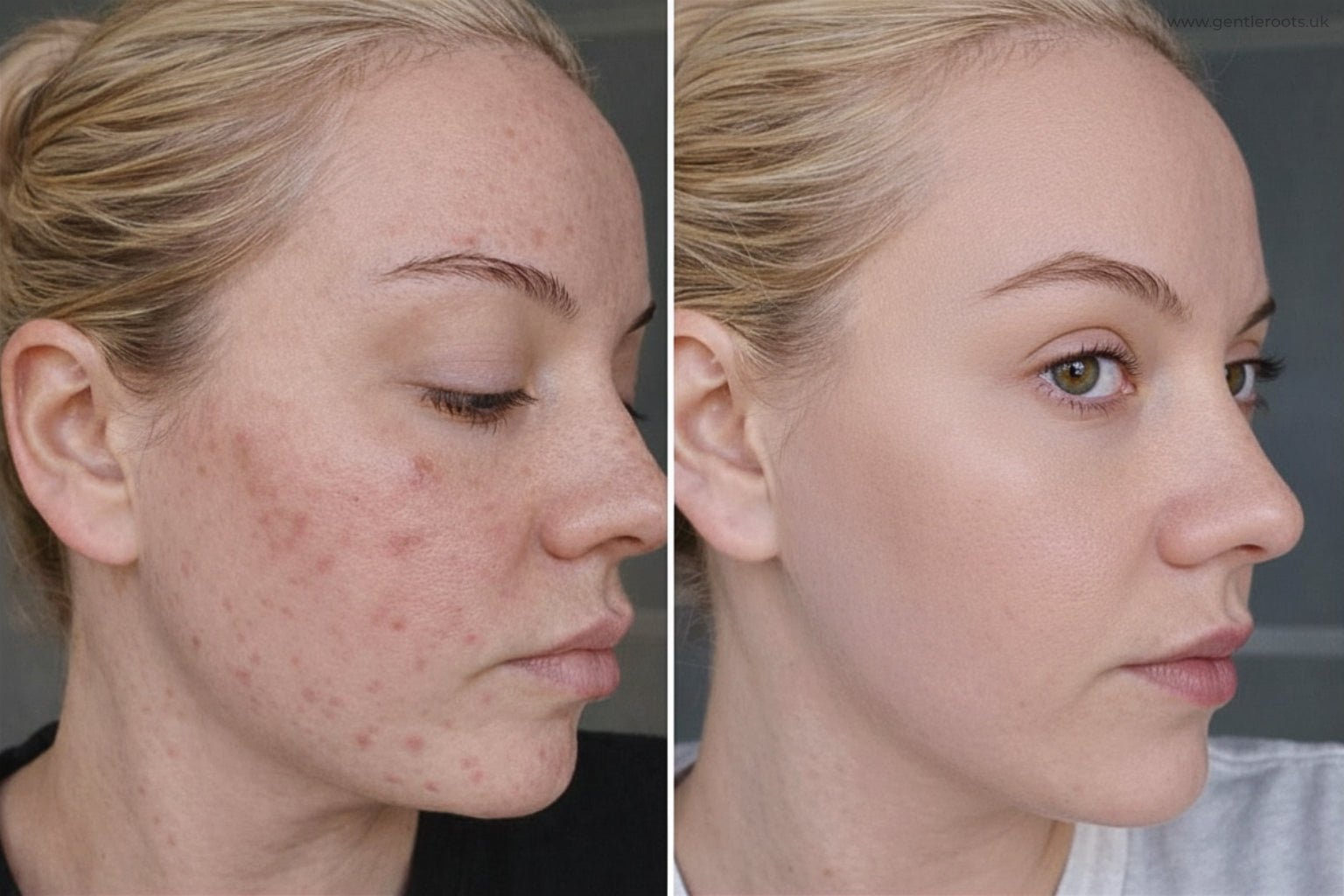 Before and after acne-prone skin improvement showing clearer skin using Gentle Roots natural skincare routine for acne prone skin