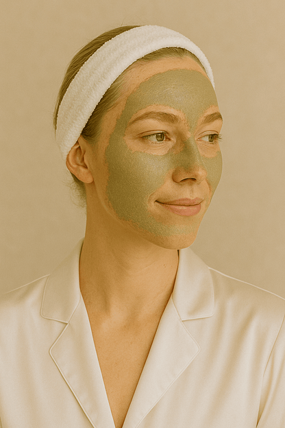 Model wearing Gentle Roots Detox Clay Face Mask – soothing detox treatment for glowing skin.