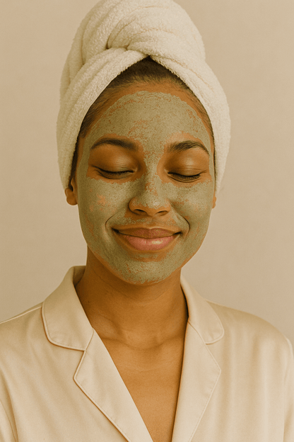 Model with towel applying Gentle Roots Detox Clay Face Mask – natural spa selfcare routine.