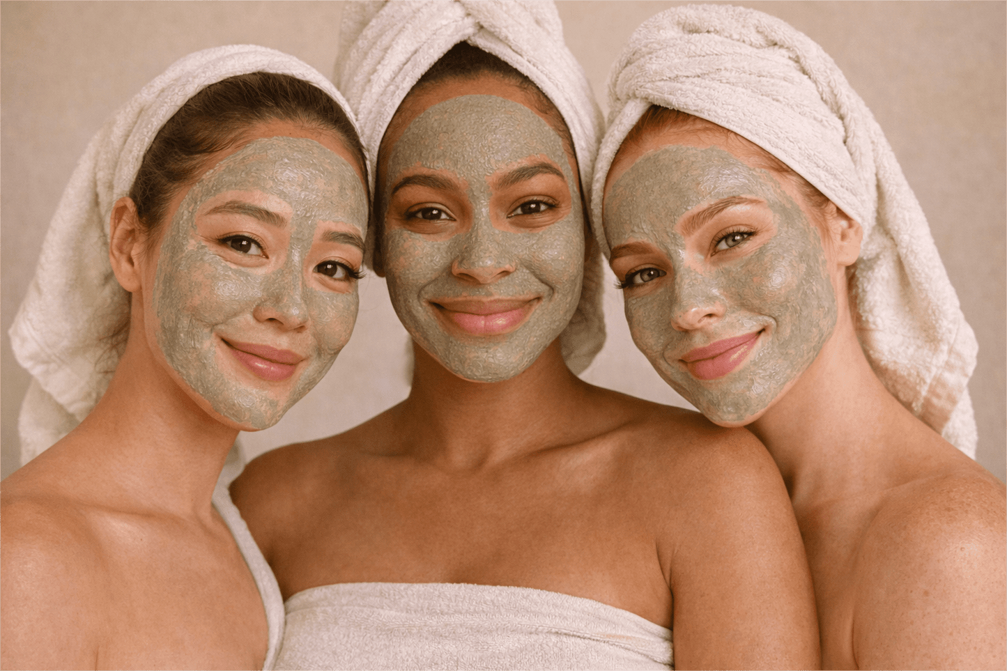 Three women wearing Gentle Roots Detox Clay Face Mask with towels and headbands, showcasing a natural, non-toxic clay mask for deep cleansing and skin detox.