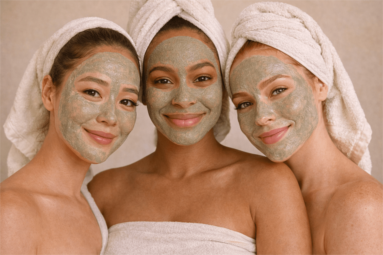 Three women wearing Gentle Roots Detox Clay Face Mask with towels and headbands, showcasing a natural, non-toxic clay mask for deep cleansing and skin detox.