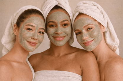 Three women wearing Gentle Roots Detox Clay Face Mask with towels and headbands, showcasing a natural, non-toxic clay mask for deep cleansing and skin detox.