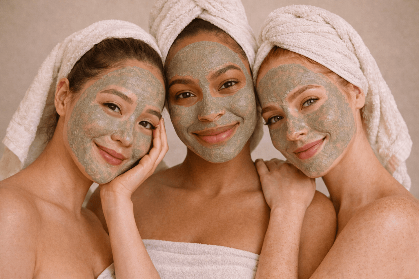 Group of women using Gentle Roots Detox Clay Face Mask, a mineral-rich natural clay mask designed to purify, clarify, and refresh the skin.