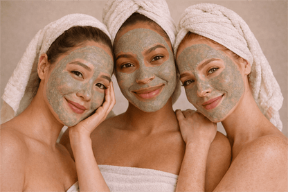 Group of women using Gentle Roots Detox Clay Face Mask, a mineral-rich natural clay mask designed to purify, clarify, and refresh the skin.