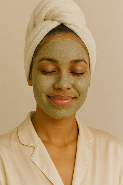 Smiling model applying Detox Clay Face Mask treatment for clear refreshed skin – Gentle Roots