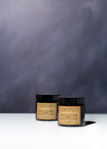 Product shots of the Gentle Roots Detox Clay Face Mask in amber glass jar – handmade natural skincare UK