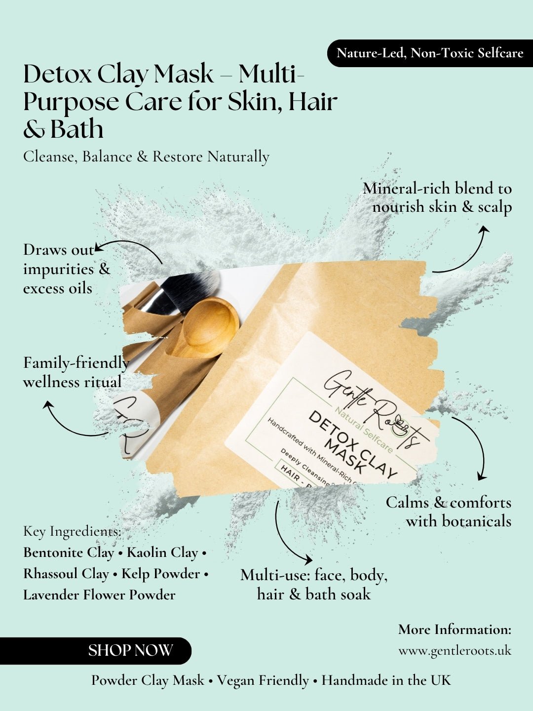Detox Clay Mask for Hair, Body & Bath - Multi - Purpose Skin & Scalp Care by Gentle Roots – natural, non - toxic skincare handmade in the UK
