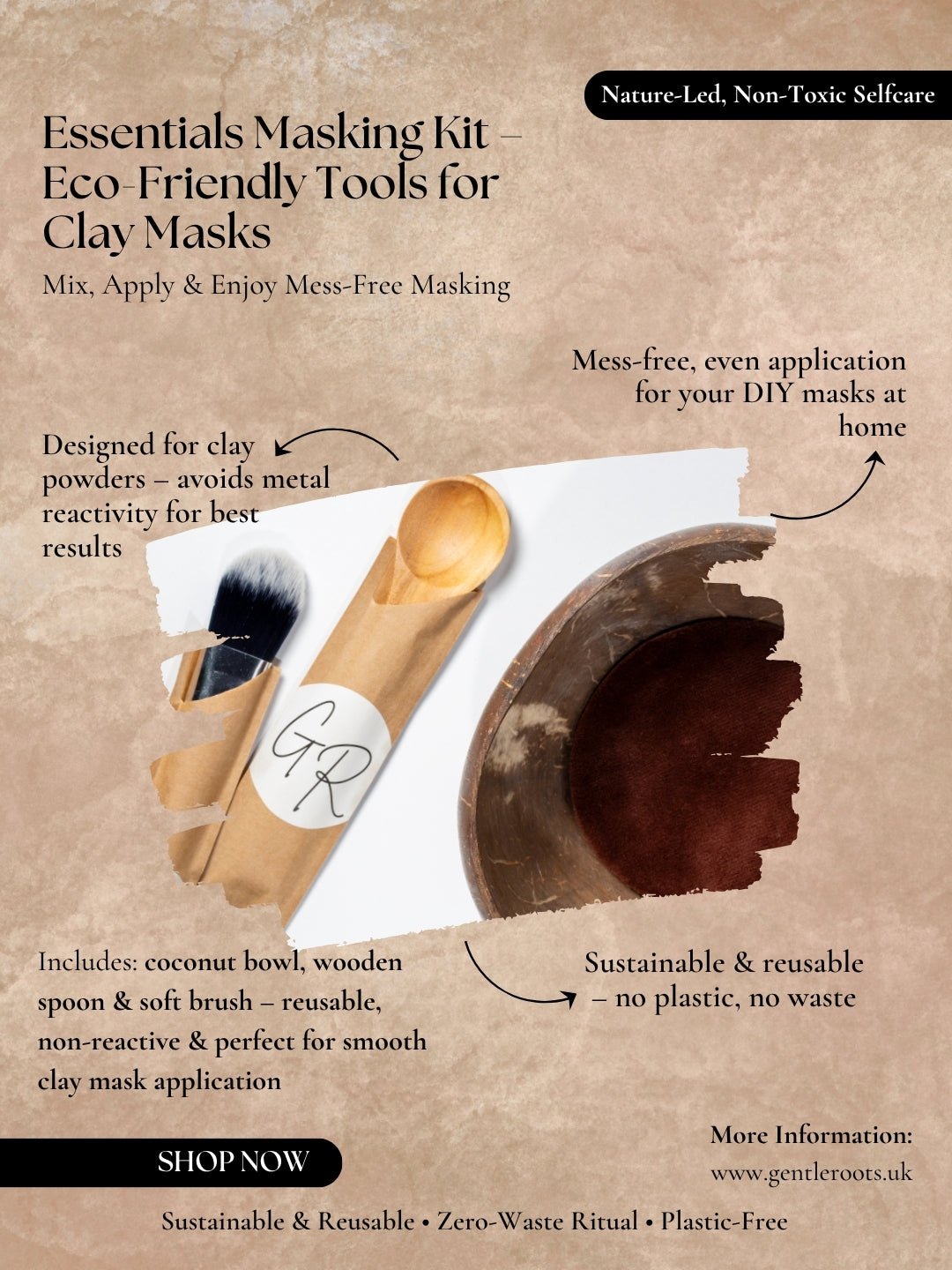 Gentle Roots Essentials Masking Kit product features infographic showing eco materials and benefits – perfect for clay mask mixing.