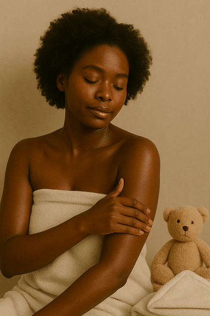 Model applying Gentle Roots Face & Body Tallow Balm – Calming Lavender Skincare for Sensitive Skin – natural, non - toxic skincare handmade in the UK