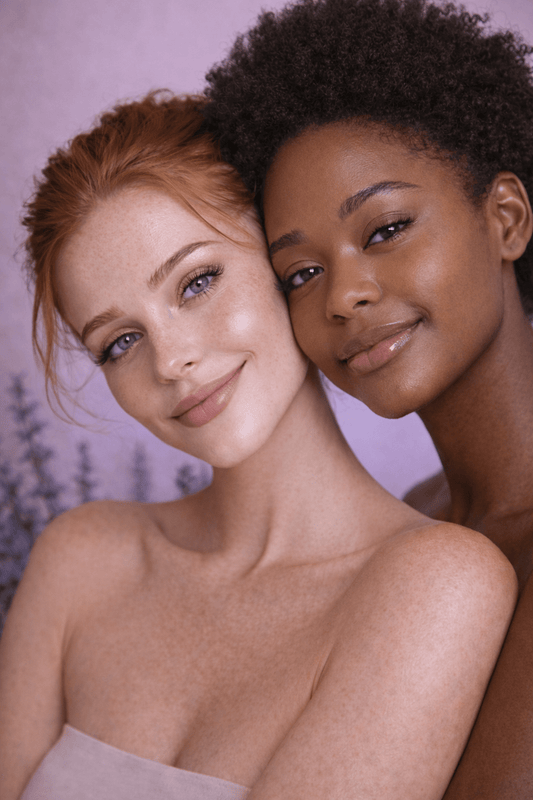 Two women with radiant skin posing together in a natural skincare photoshoot, representing the Gentle Roots lavender face and body balm.