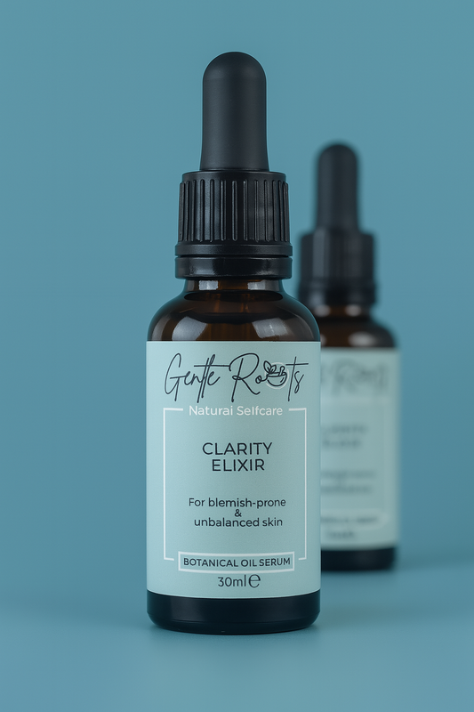Gentle Roots Clarity Elixir – natural clarifying face oil serum for blemish-prone skin, shown in two glass dropper bottles.