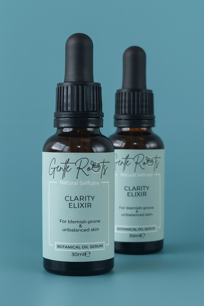 Gentle Roots Clarity Elixir – natural clarifying face oil serum for acne, unbalanced and blemish-prone skin, shown in two glass dropper bottles