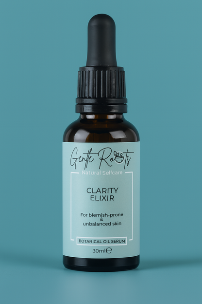 Gentle Roots Clarity Elixir – natural face oil serum for blemish-prone and unbalanced skin in glass dropper bottle.