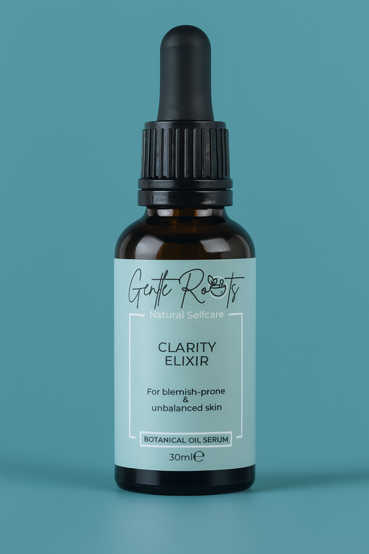 Gentle Roots Clarity Elixir – natural face oil serum for blemish-prone and unbalanced skin in glass dropper bottle.