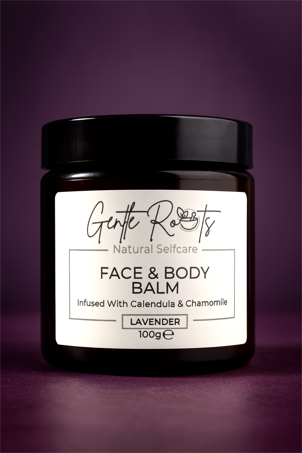 Gentle Roots Face and Body Balm Lavender in amber glass jar with black lid – natural tallow moisturiser