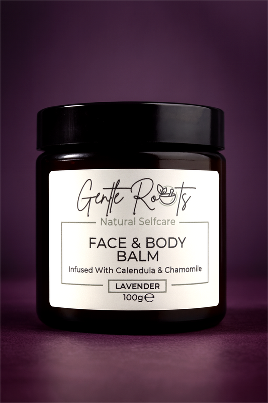 Gentle Roots Face and Body Balm Lavender in amber glass jar with black lid – natural tallow moisturiser