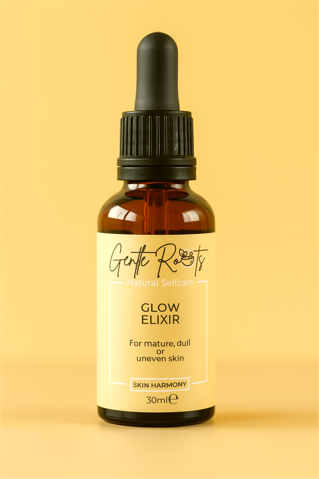 Gentle Roots Glow Elixir – natural brightening face oil in amber glass dropper bottle