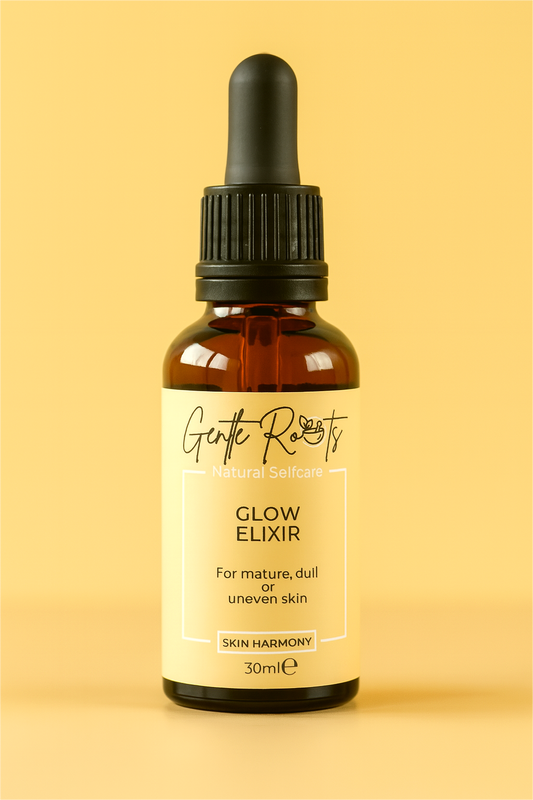 Gentle Roots Glow Elixir – natural brightening face oil in amber glass dropper bottle