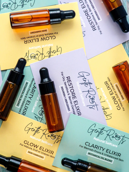 Gentle Roots Mini Elixirs flat lay with branded cards
